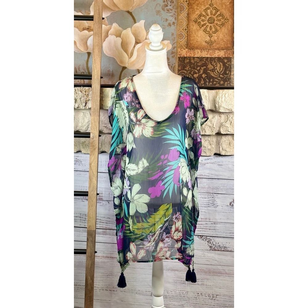 Kona Sol Floral Sheer Bathing Suit Overlay Coverup Small Tassels Strappy Back